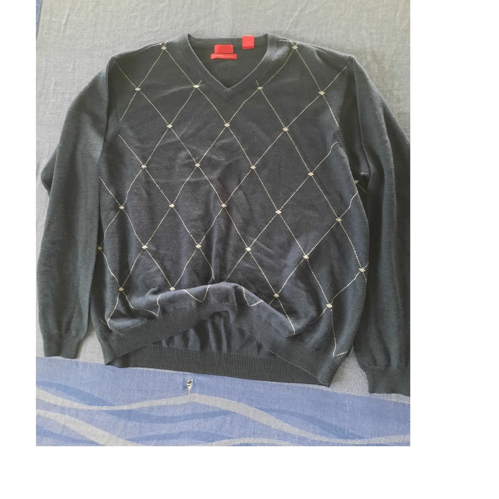 IZOD Mens XXL Navy Blue Argyle V-Neck Pullover Sweater Pure Washable Merino Wool